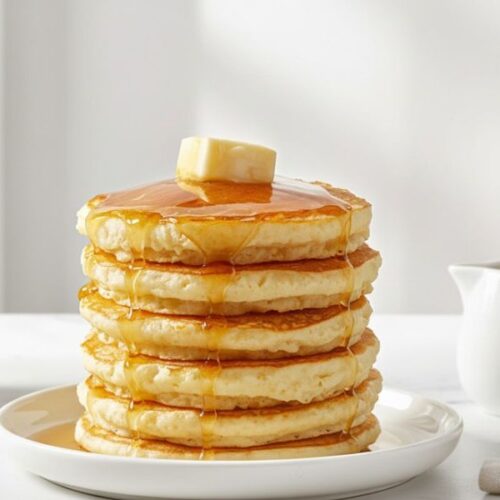 Breakfast lifestyle shot of fluffy golden pancake stack on white plate with coffee mug maple syrup pitcher fresh berries and white linen on white marble