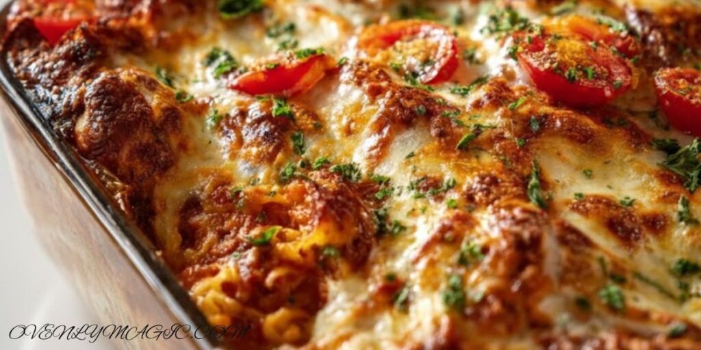Cheesy chicken parmesan casserole baked with marinara sauce and melted mozzarella cheese