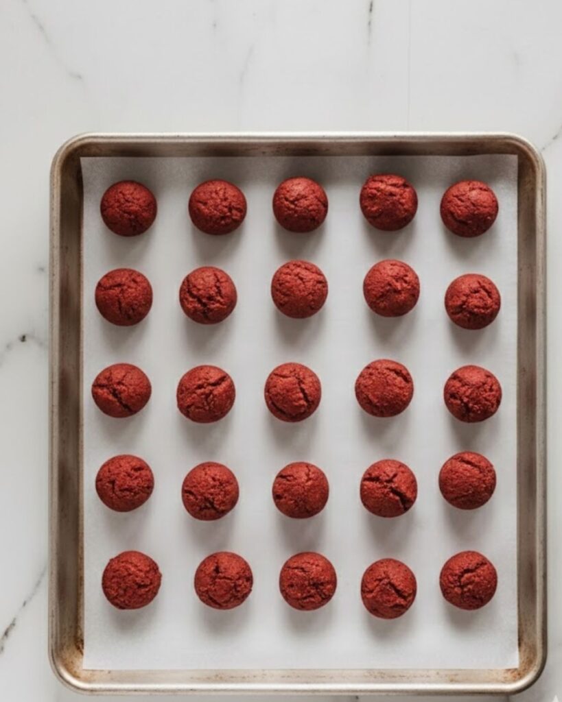 Cookie dough balls rolled in powdered sugar ready for baking on a lined baking sheet