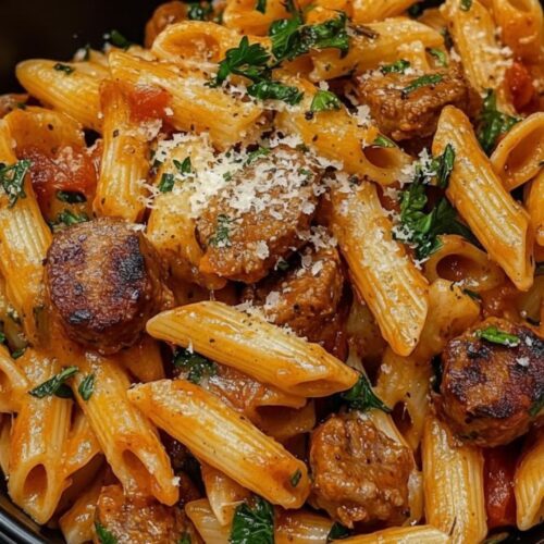 Creamy Cajun sausage pasta in a bowl, topped with parsley and Parmesan, with vibrant bell peppers and creamy cheese sauce.