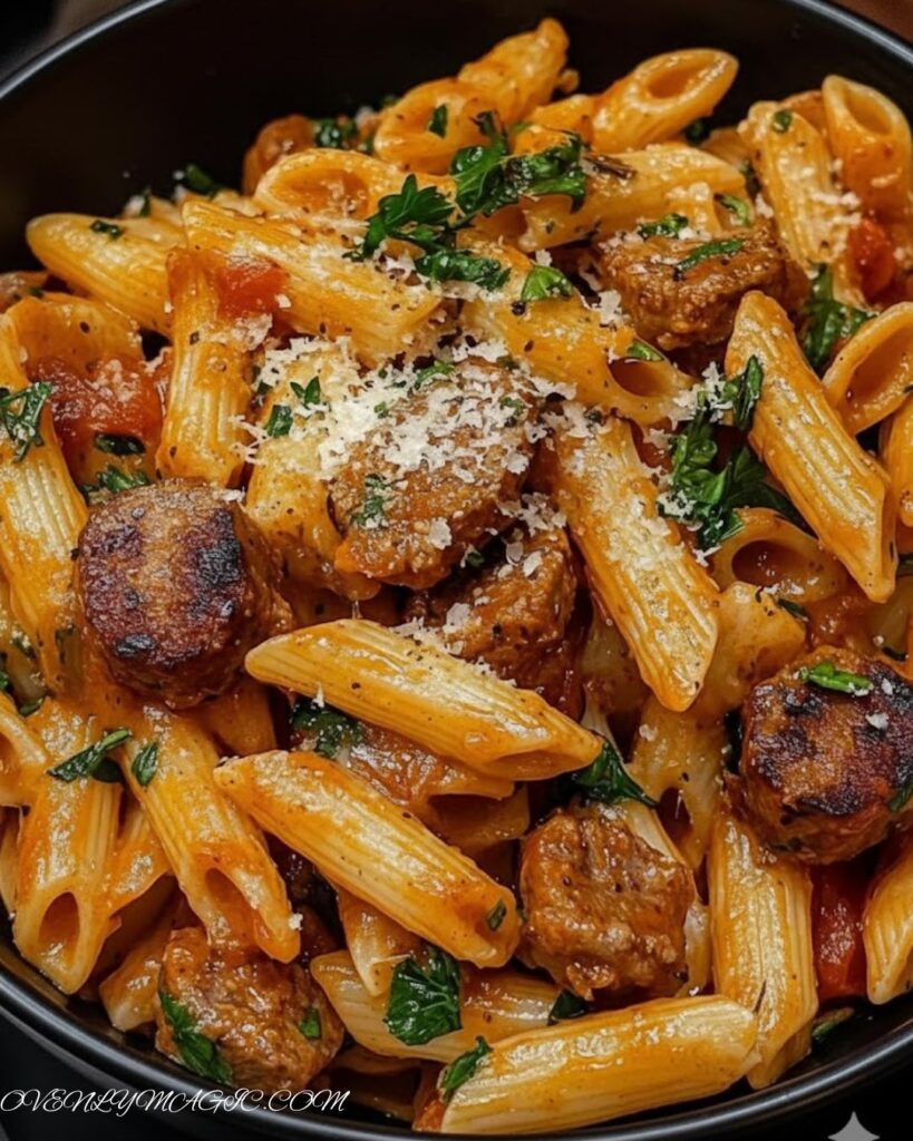 Creamy Cajun sausage pasta in a bowl, topped with parsley and Parmesan, with vibrant bell peppers and creamy cheese sauce.