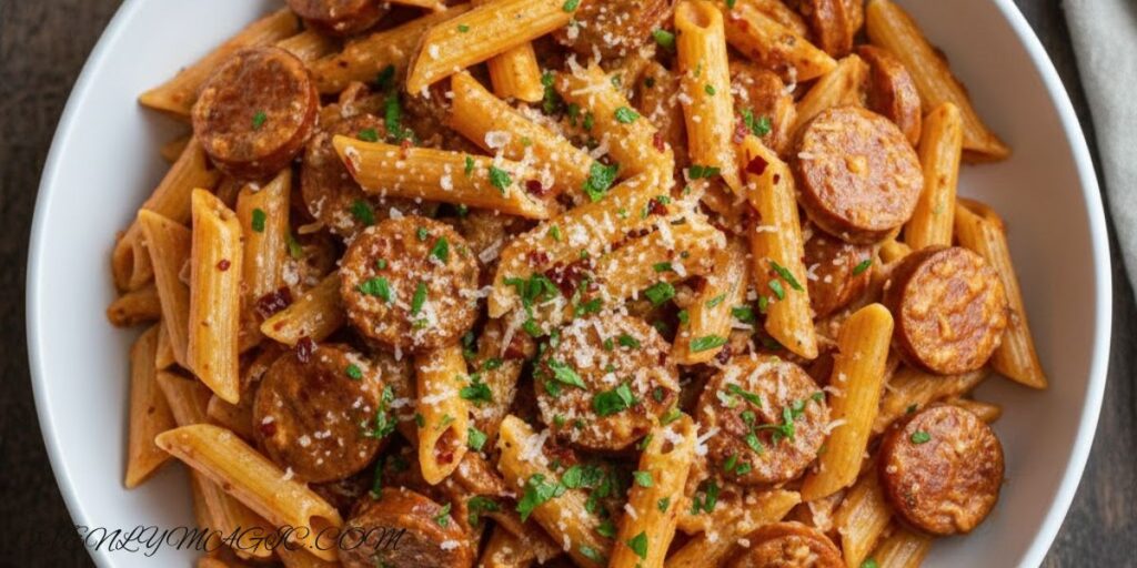 Creamy Cajun sausage pasta in a bowl, topped with parsley and Parmesan, with vibrant bell peppers and creamy cheese sauce.