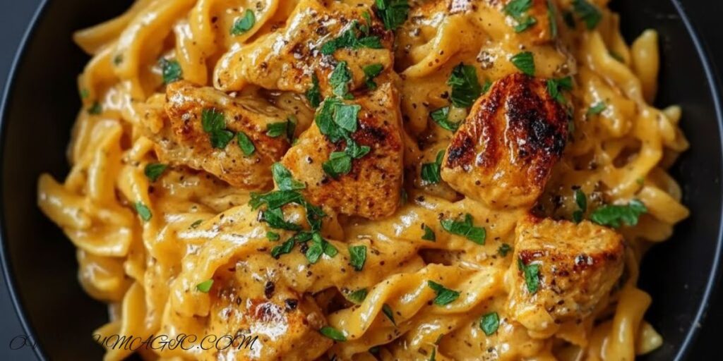 Creamy Cowboy Butter Chicken Pasta with tender chicken, Parmesan, and fresh parsley in a white bowl.”
