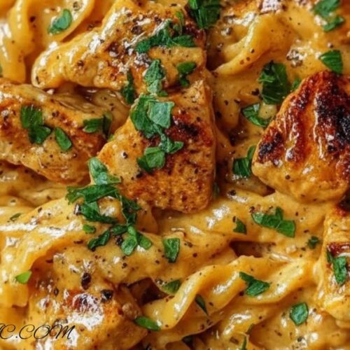 Creamy Cowboy Butter Chicken Pasta with tender chicken, Parmesan, and fresh parsley in a white bowl.”