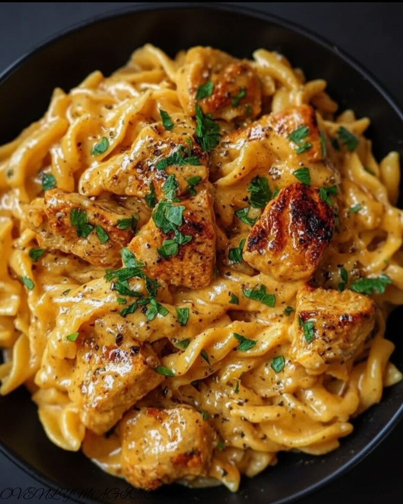 Creamy Cowboy Butter Chicken Pasta with tender chicken, Parmesan, and fresh parsley in a white bowl.”