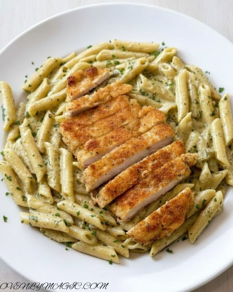 Creamy Pesto Sauce Pasta served with garlic bread and a fresh side salad on a plate.