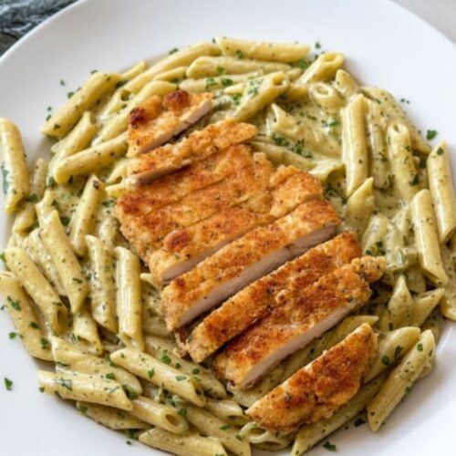 Creamy Pesto Sauce Pasta served with garlic bread and a fresh side salad on a plate.