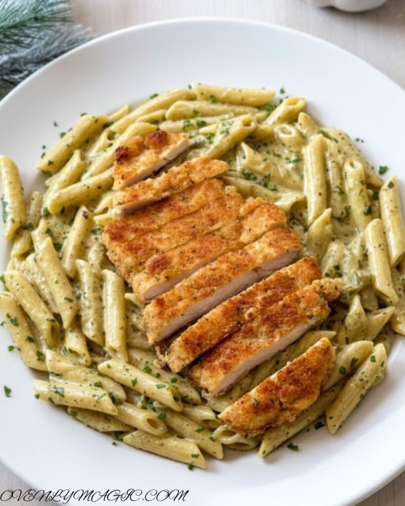 Creamy Pesto Sauce Pasta served with garlic bread and a fresh side salad on a plate.