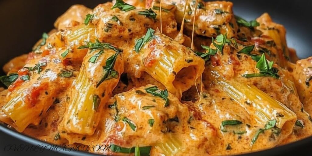 Creamy tomato garlic pasta in a bowl, garnished with fresh basil and grated Parmesan, served on a rustic wooden table.