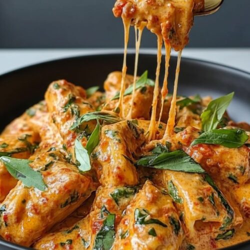 Creamy tomato garlic pasta in a bowl, garnished with fresh basil and grated Parmesan, served on a rustic wooden table.