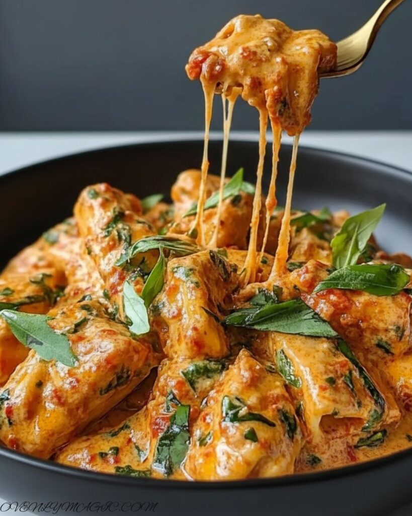 Creamy tomato garlic pasta in a bowl, garnished with fresh basil and grated Parmesan, served on a rustic wooden table.