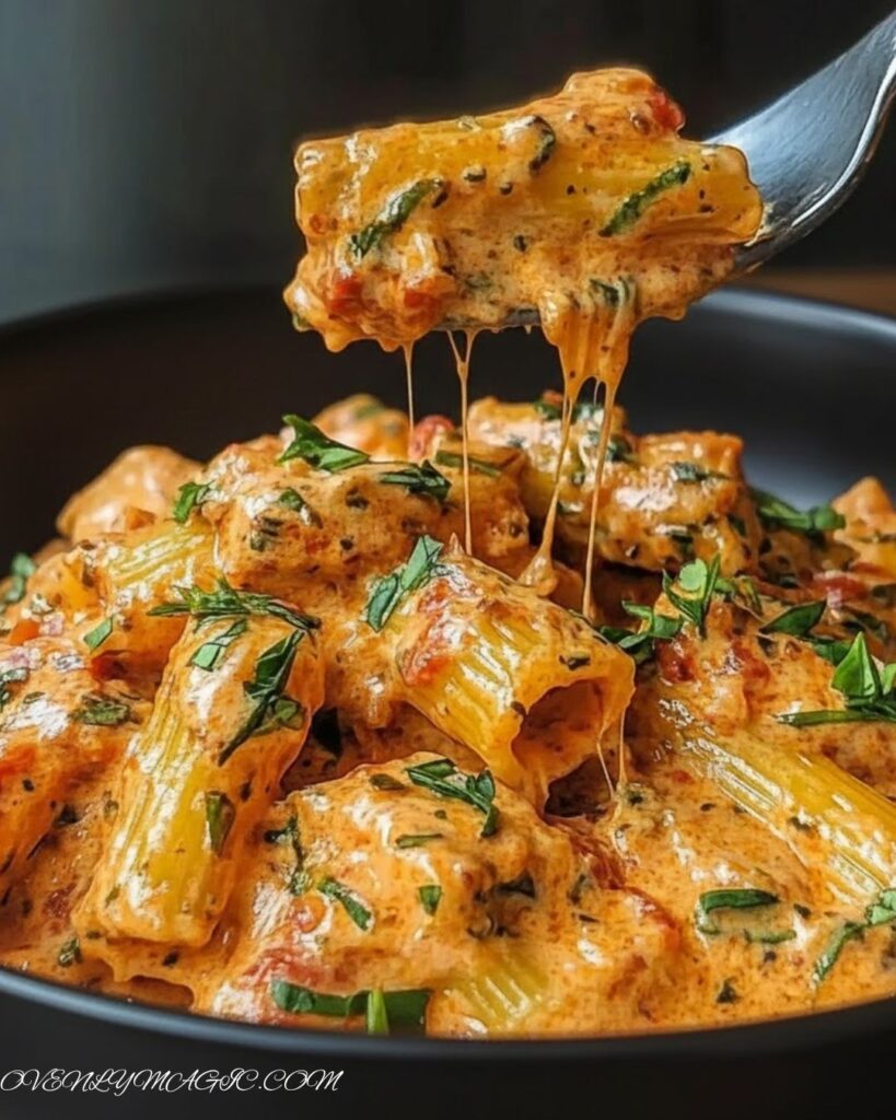Creamy tomato garlic pasta served in a bowl with fresh basil and Parmesan, styled with fork, side salad and garlic bread in background.
