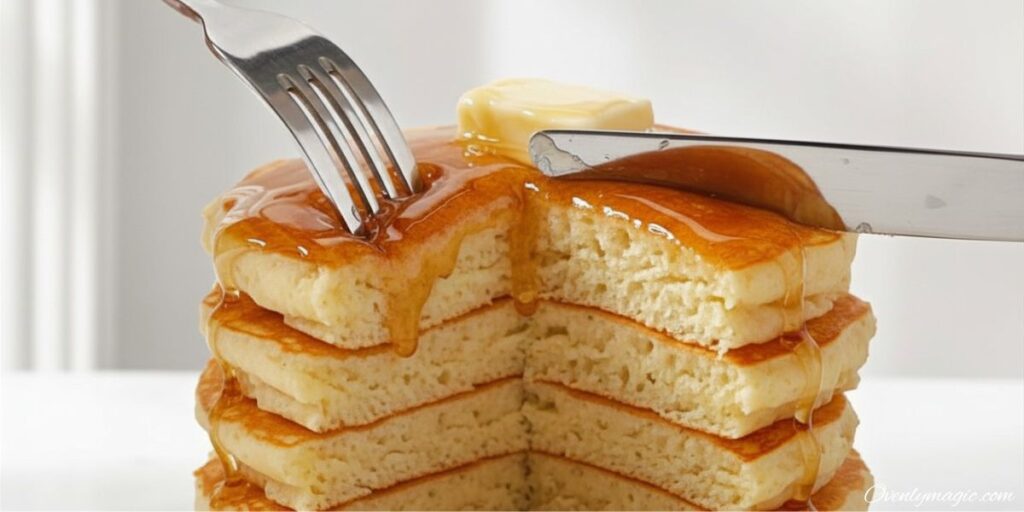 Fork and knife cutting into tall stack of fluffy golden buttermilk pancakes on white plate lifting bite showing ultra soft airy interior layers