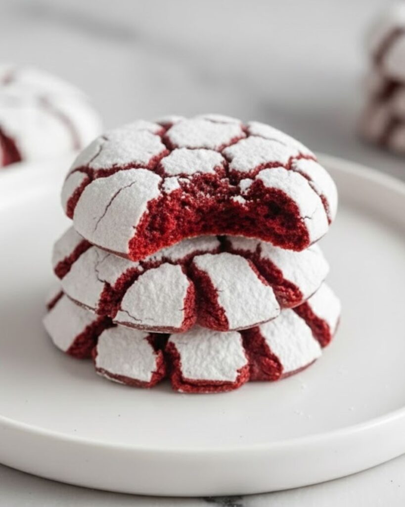 Freshly baked Red Velvet Crinkle Cookies rolled in powdered sugar on a cooling rack