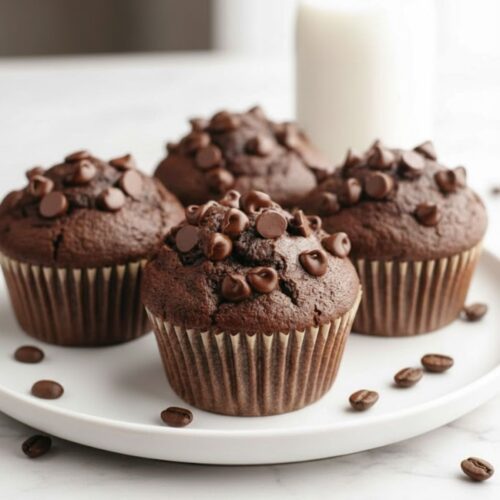 Freshly baked double chocolate espresso muffins topped with chocolate chips on a wooden tray