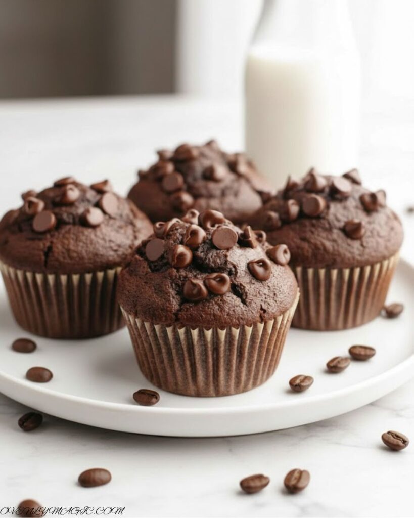 Freshly baked double chocolate espresso muffins topped with chocolate chips on a wooden tray
