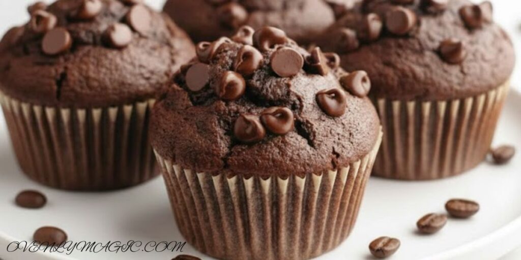 Freshly baked double chocolate espresso muffins topped with chocolate chips on a wooden tray.