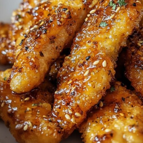 Air fryer honey butter garlic chicken tenders served on a plate, garnished with a sprinkle of parsley, ready to eat