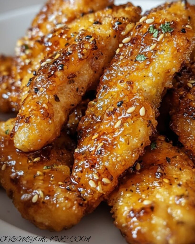 Air fryer honey butter garlic chicken tenders served on a plate, garnished with a sprinkle of parsley, ready to eat