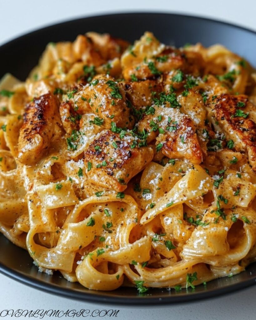 Heavy cream being added to the skillet to make creamy Cowboy Butter Chicken Pasta sauce.