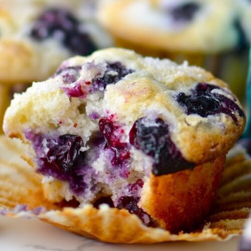 Homemade blueberry muffins with golden tops