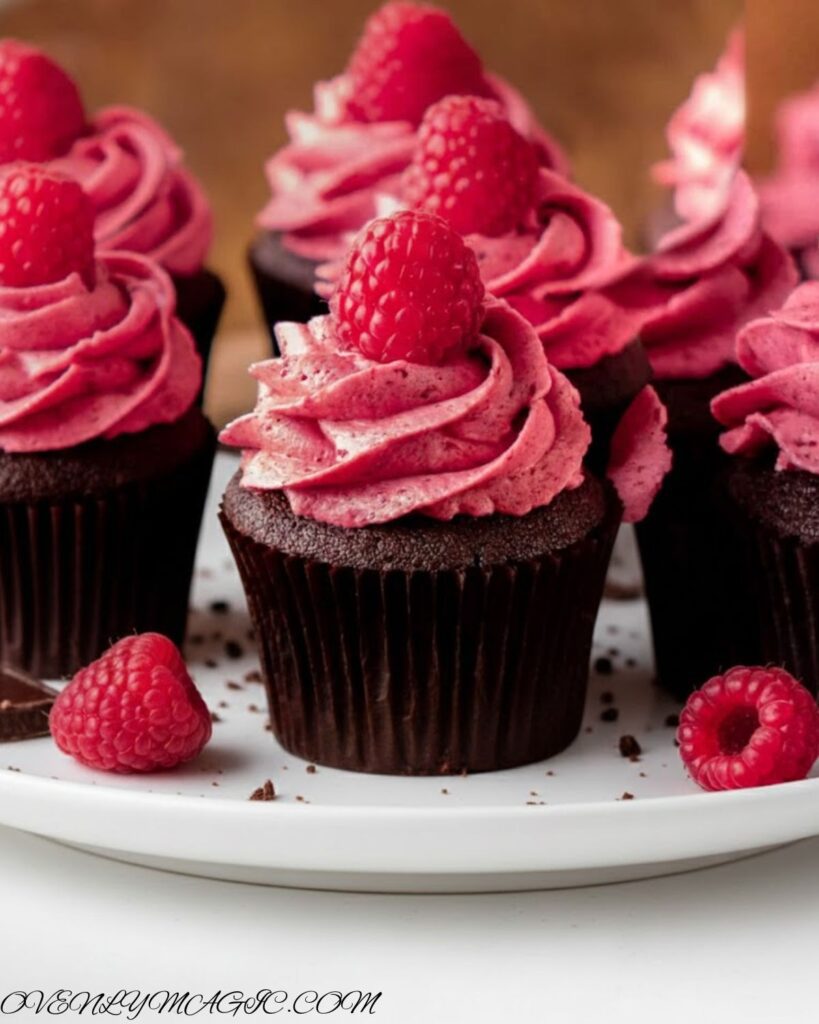 Homemade chocolate raspberry cupcakes arranged on a platter, perfect for parties or dessert tables.”
