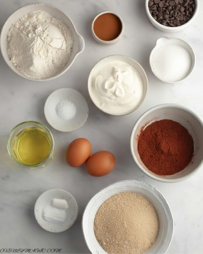 Ingredients for double chocolate espresso muffins including cocoa powder, chocolate chips, espresso powder, flour, eggs, sugar, and butter.”