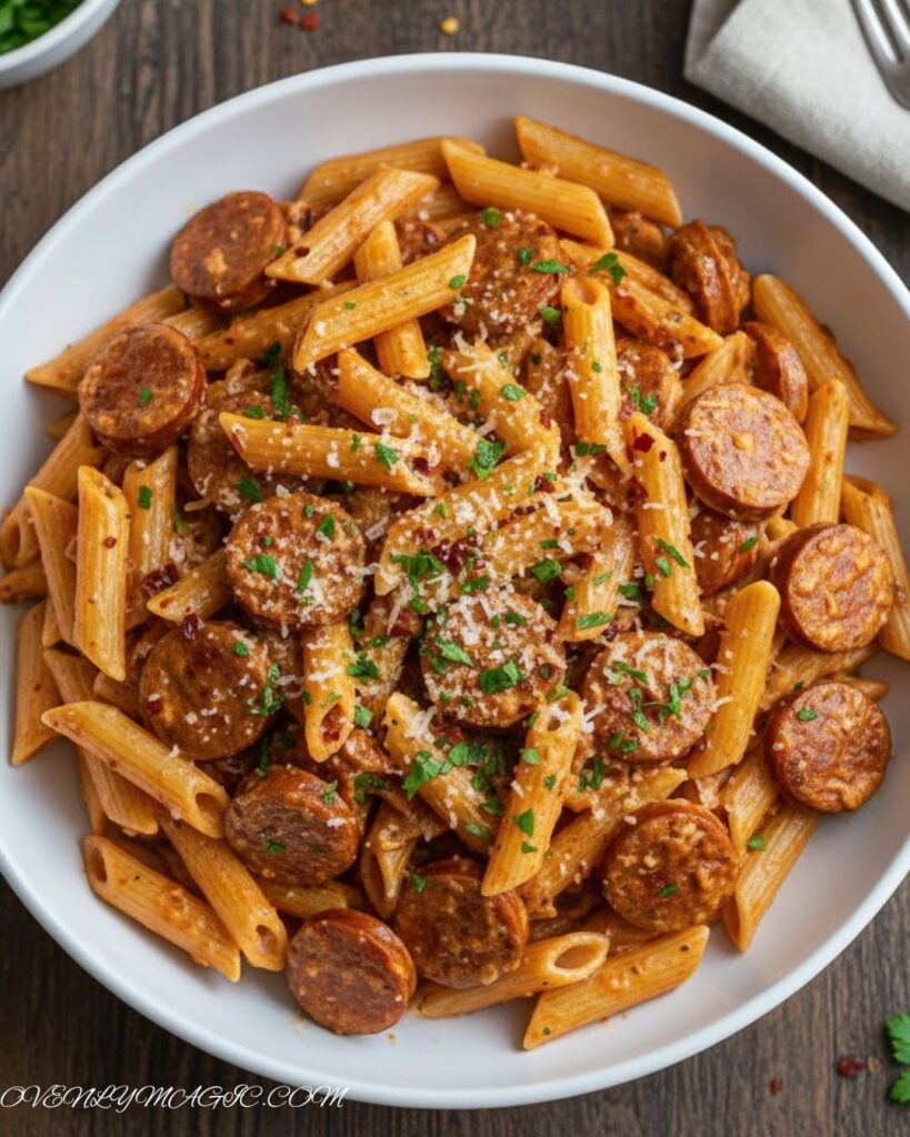 One pot creamy Cajun sausage pasta served in a bowl, garnished with parsley, Parmesan, and red pepper flakes.