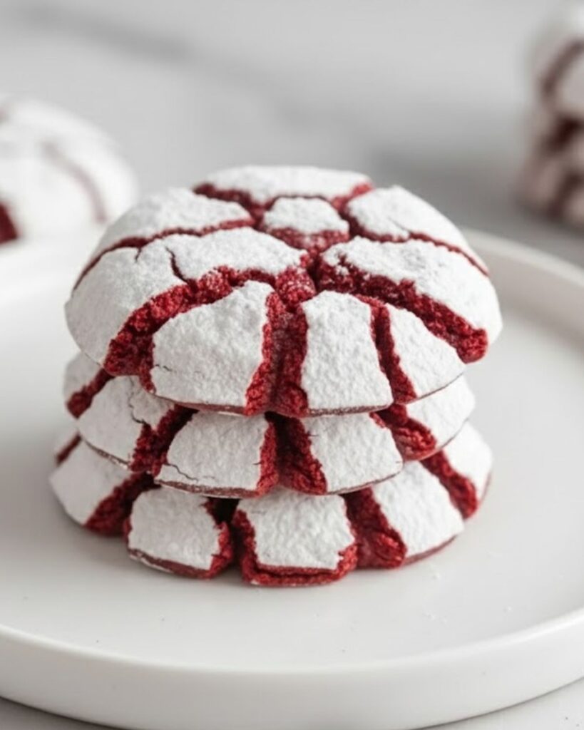Red Velvet Crinkle Cookies stacked in a decorative jar for gifting