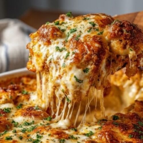 Serving cheesy chicken parmesan casserole with fresh basil garnish