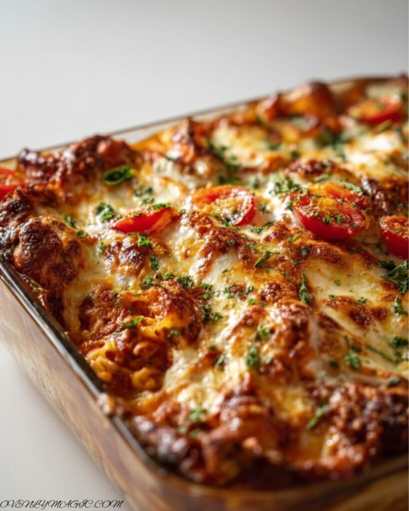 Shredded chicken and pasta mixed with marinara sauce for Chicken Parmesan Casserole Recipe