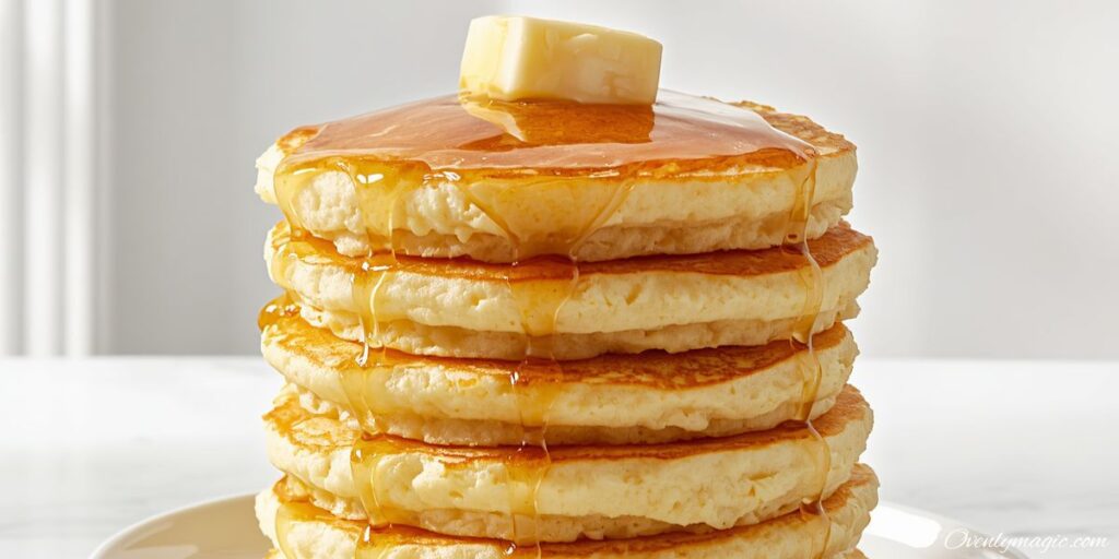 Tall stack of four thick fluffy golden buttermilk pancakes on white ceramic plate with melting butter and maple syrup drizzling down sides on white marble