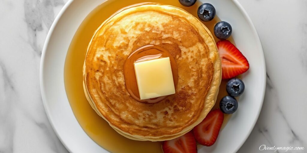 Top-down flat lay of fluffy golden pancake stack on white plate with melting butter and maple syrup pooling on top fresh berries beside on white marble