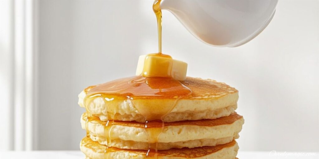 Warm amber maple syrup being poured from white pitcher over tall stack of fluffy golden pancakes with syrup cascading dramatically down sides