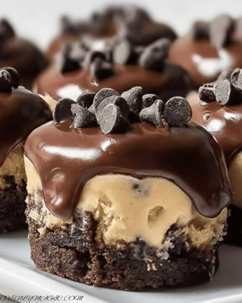 Close-up of a brownie bite showing gooey cookie dough center and chocolate coating