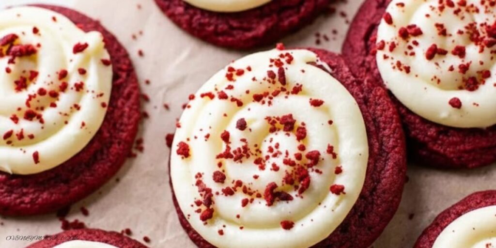 Close-up of a frosted red velvet cupcake cookie with creamy cream cheese frosting and cookie crumbs on top.