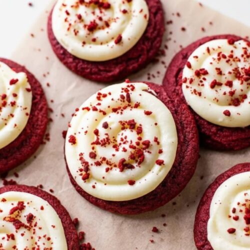 Close-up of a frosted red velvet cupcake cookie with creamy cream cheese frosting and cookie crumbs on top