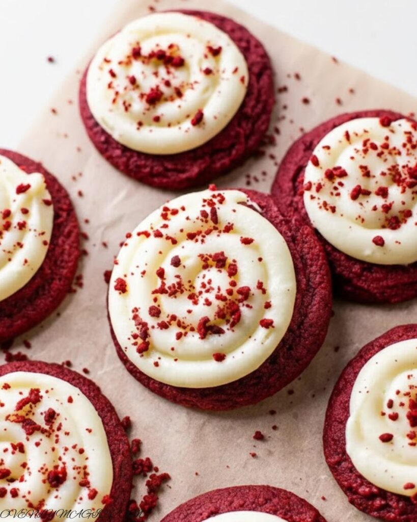 Close-up of a frosted red velvet cupcake cookie with creamy cream cheese frosting and cookie crumbs on top