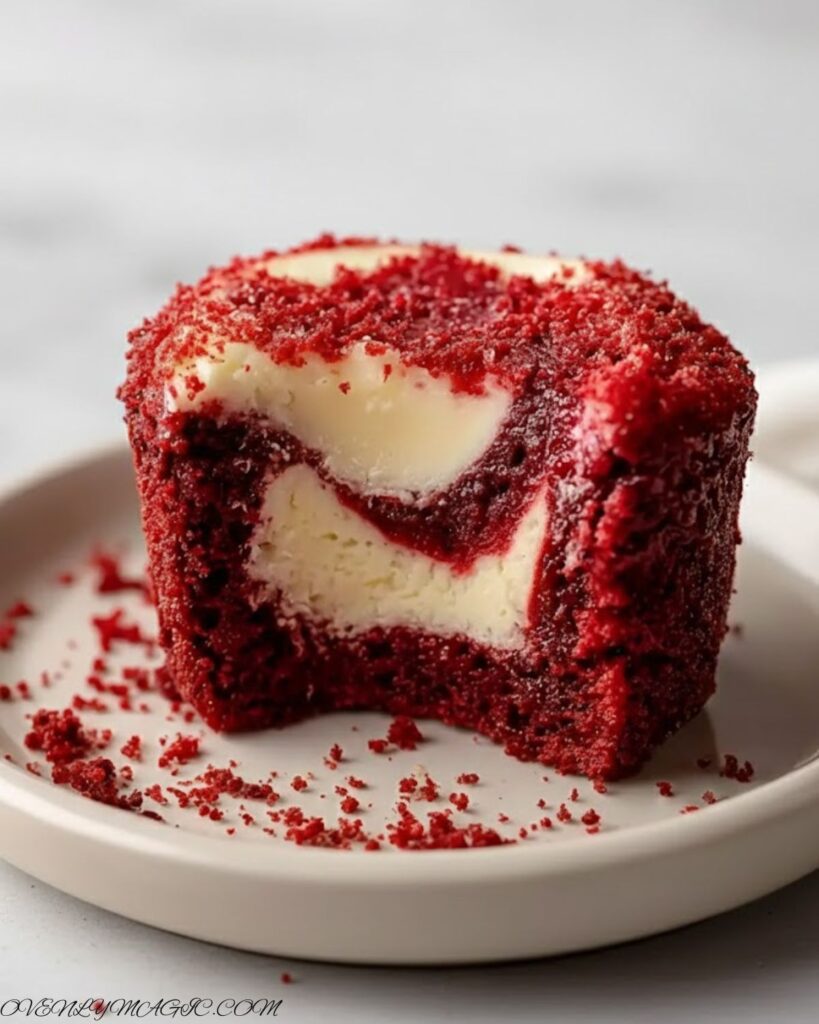 Close-up of a red velvet brownie bite showing creamy cheesecake swirl inside