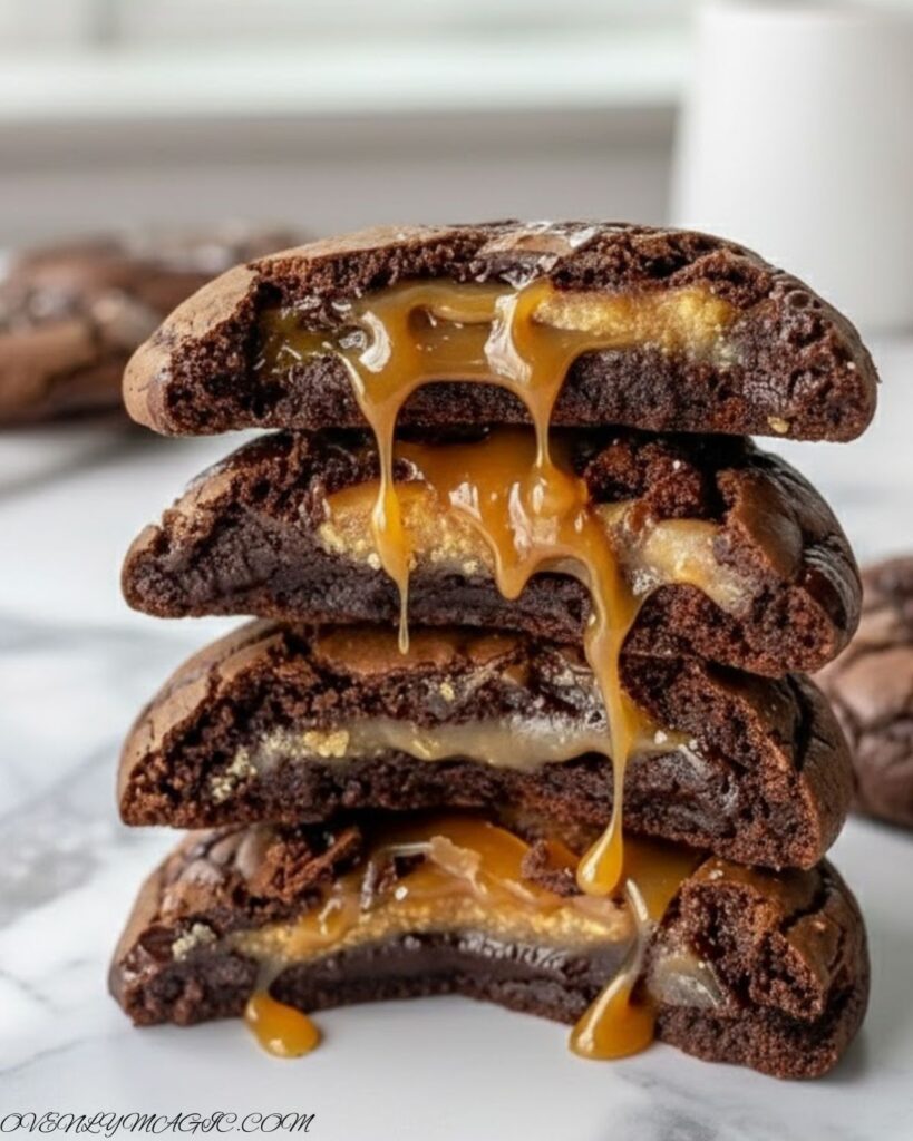 Close-up of a salted caramel chocolate cookie broken open, showing gooey caramel center and melted chocolate