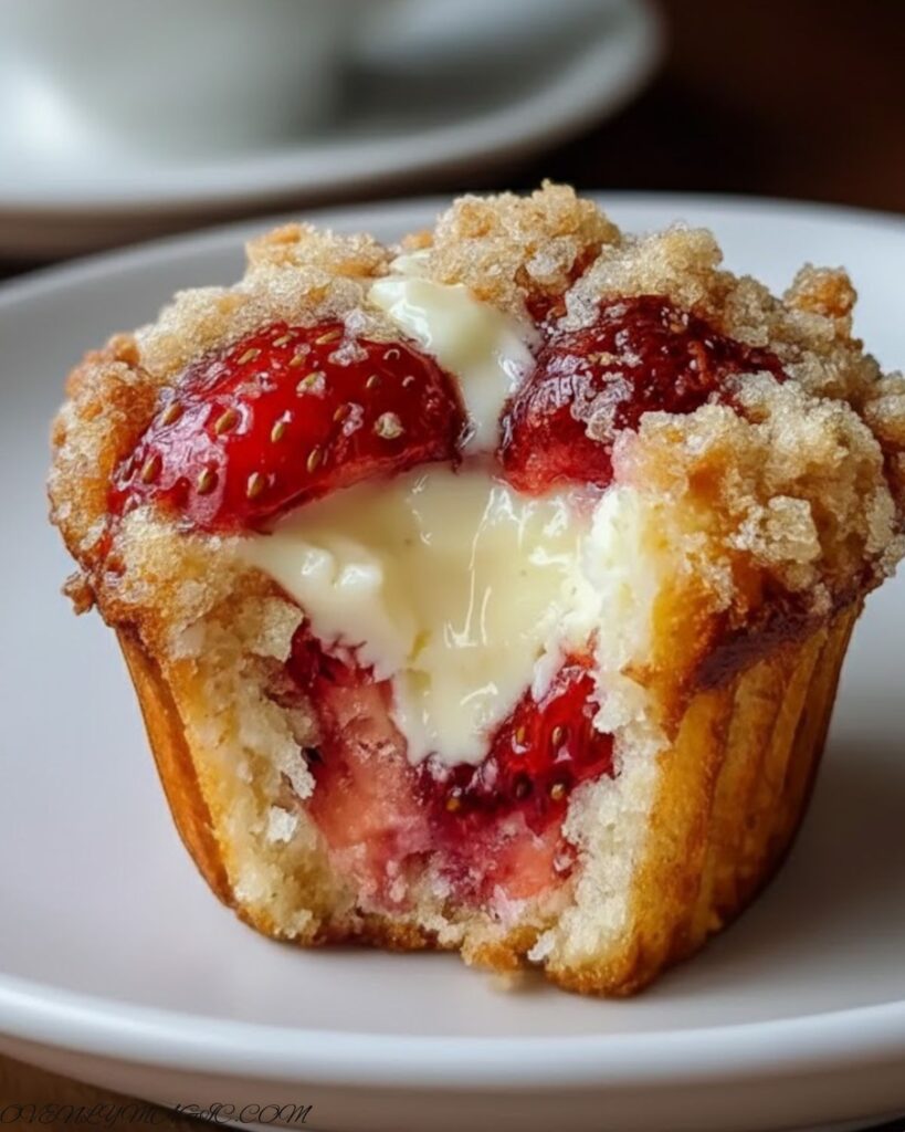 Close-up of a sliced muffin showing creamy strawberry-filled center – gooey cream cheese swirl with juicy strawberries.