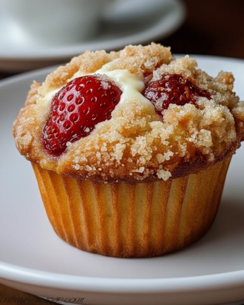 Close-up of a sliced muffin showing creamy strawberry-filled center – gooey cream cheese swirl with juicy strawberries.