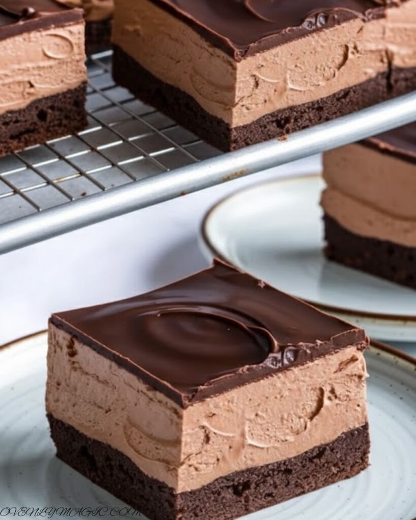 Cross-section showing brownie, chocolate mousse, and ganache layers in a chocolate mousse brownie