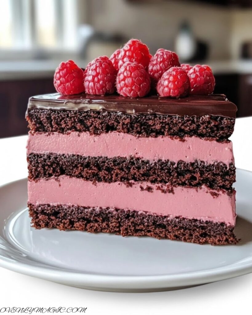 Dark Chocolate Raspberry Mousse Cake with glossy ganache and fresh raspberries on top