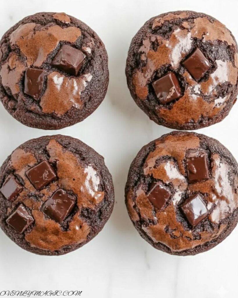 Freshly baked Brownie Muffins on a plate or tray, dark chocolatey tops, some with a gooey interior visible.
