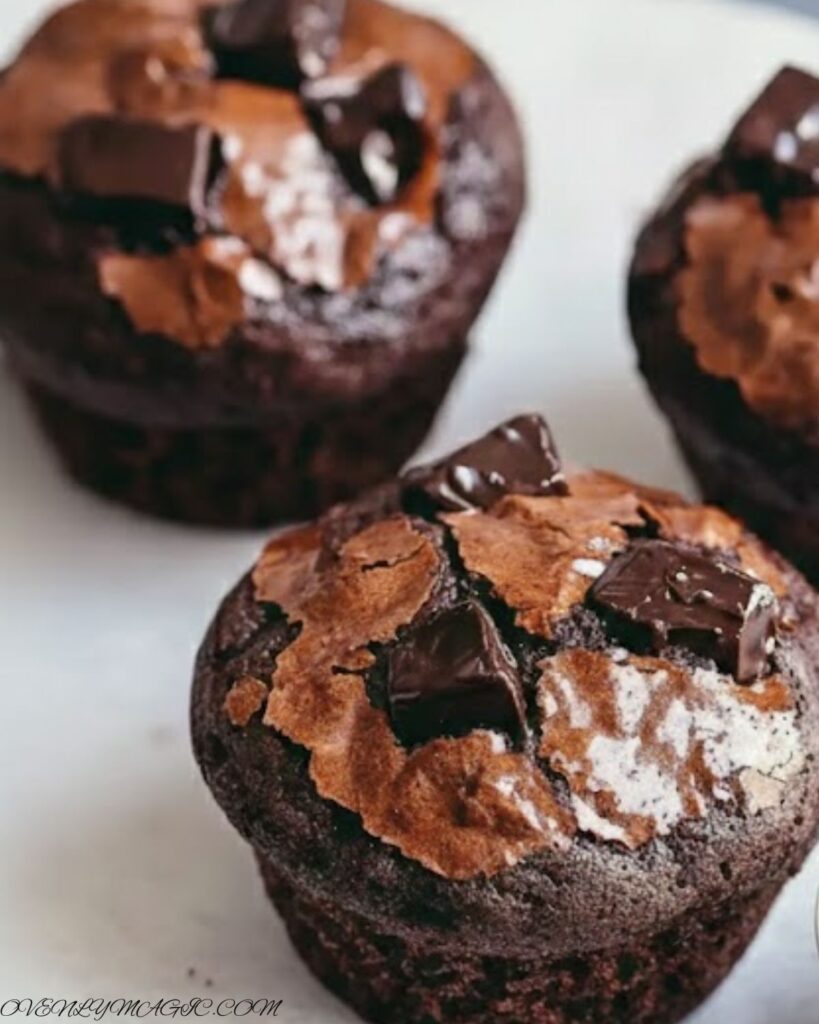 Freshly baked Brownie Muffins on a plate or tray, dark chocolatey tops, some with a gooey interior visible.