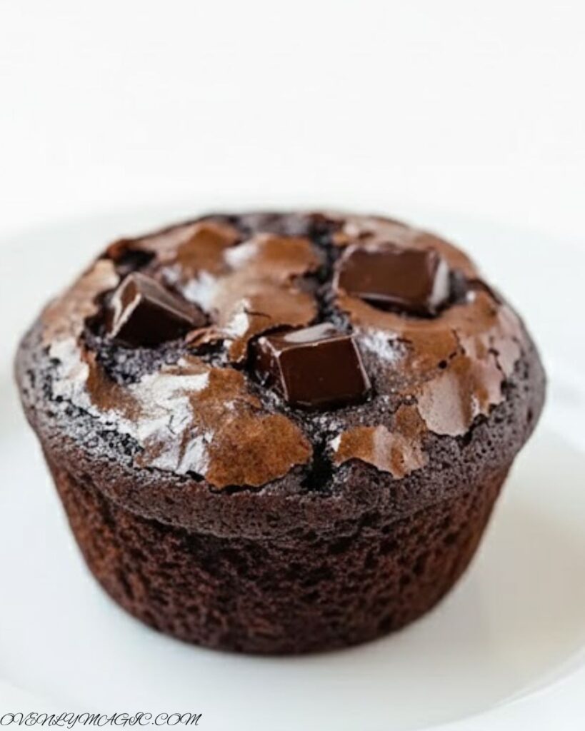 Freshly baked Brownie Muffins on a plate or tray, dark chocolatey tops, some with a gooey interior visible.
