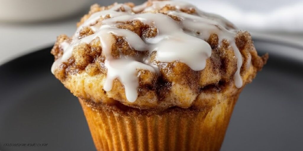 Freshly baked Cinnamon Roll Muffins in a muffin tin or plate, golden brown with gooey cinnamon swirls, some drizzled with vanilla glaze.