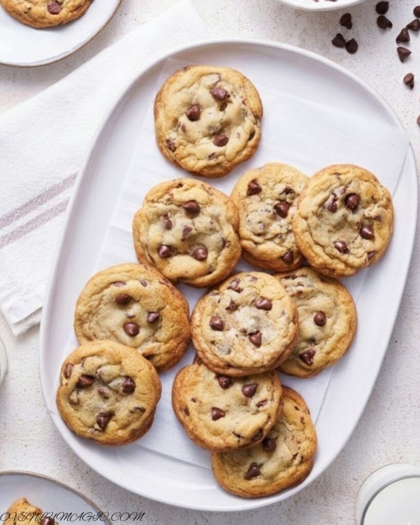 Freshly baked chocolate chip cookies with golden edges, chewy centers, and melted chocolate chips, stacked on a cooling rack.