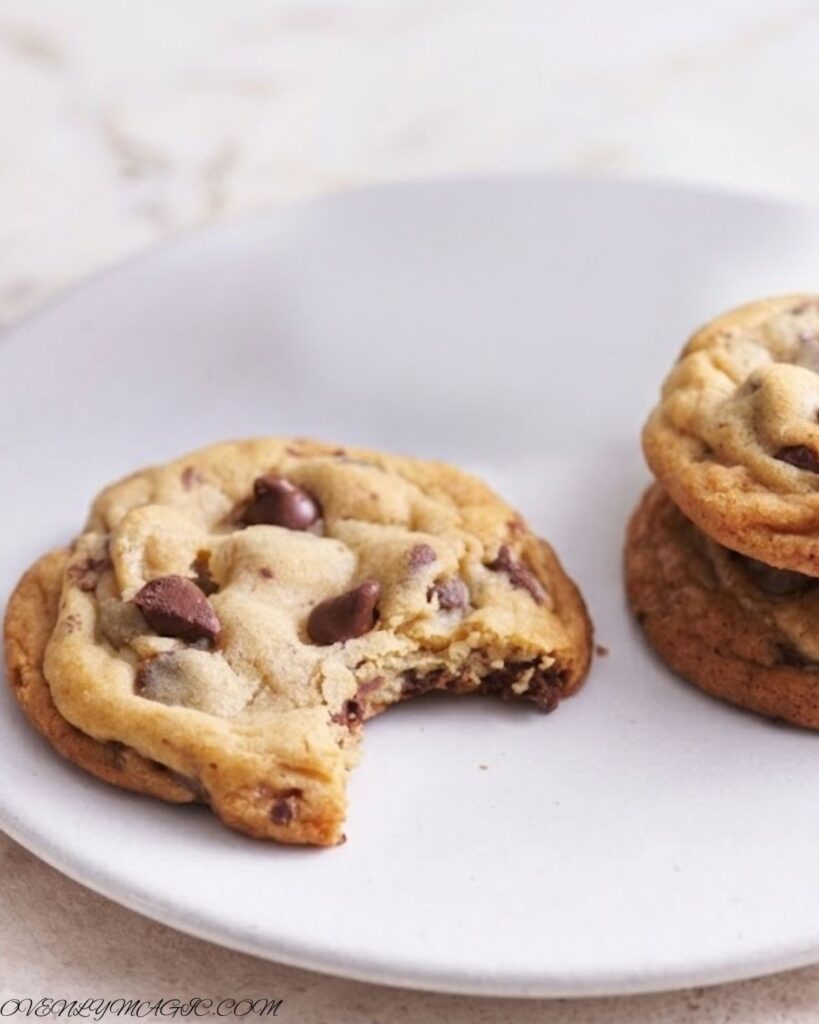Freshly baked chocolate chip cookies with golden edges, chewy centers, and melted chocolate chips, stacked on a cooling rack.